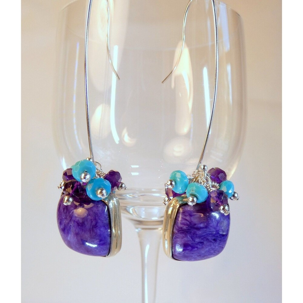 Purple Charoite - Amethyst - Turquoise Beaded Sterling Silver Earrings Handmade